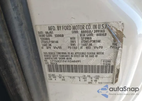 2001 Ford F-250 Lariat/Xl/Xlt из США, поврежденный, VIN 1FTNX21F61ED60491